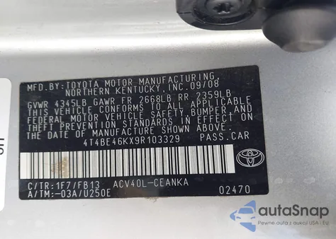 2009 Toyota Camry Le z USA, uszkodzony, nr VIN 4T4BE46KX9R103329